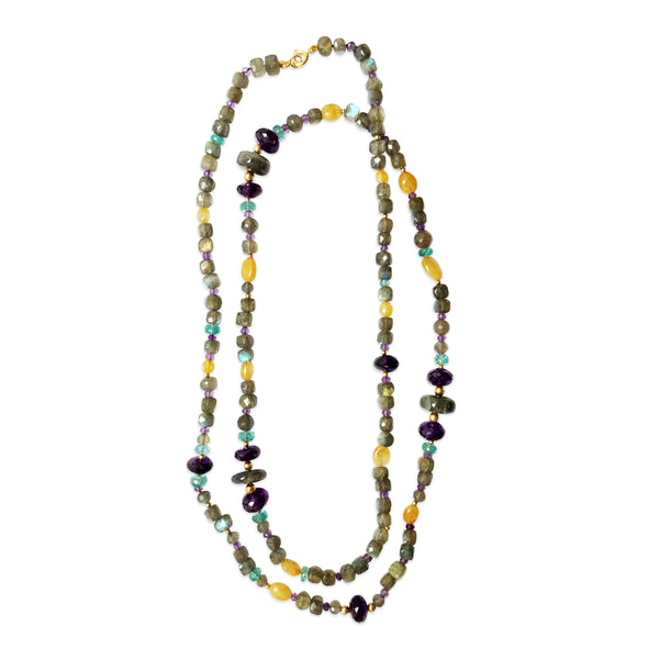 Peacock Necklace with Labradorite, Amethyst, Yellow Sapphire and Apatite in 18kt  Yellow Gold