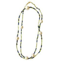 Peacock Necklace with Sapphire, Freshwater Pearls and Olivine in 18kt Yellow Gold