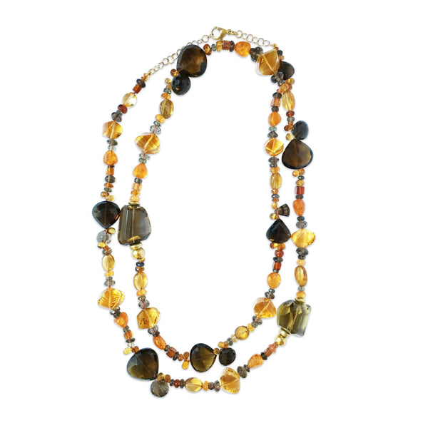 Peacock Necklace with Smokey Quartz, Citrine and Mandarin Garnet in 18kt Yellow Gold