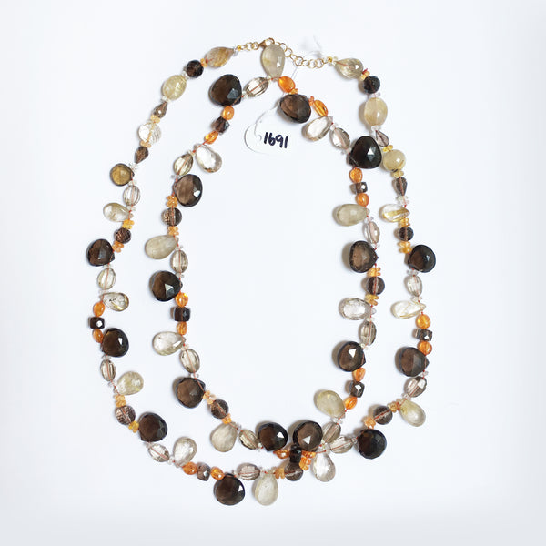 Peacock Necklace with Rutilated Quartz, Smokey Quartz and Spessartine Garnet in 18kt Yellow Gold