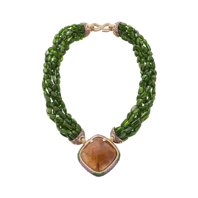 Venice Pulcinella Golden Rutilated Quartz and Tsavorite Necklace