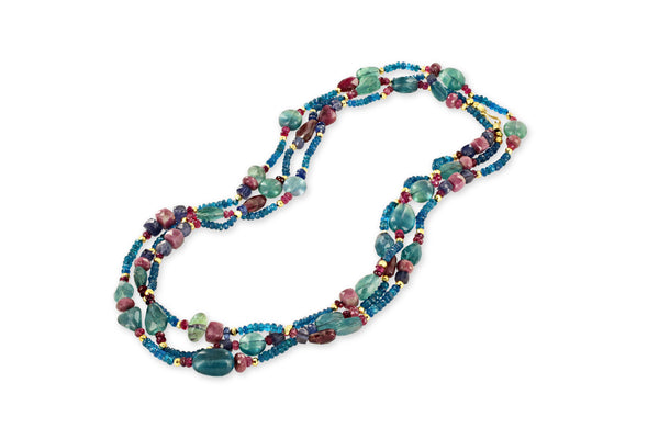 Peacock Necklace with Apatite, Tourmaline, Iolite, Fluorite and Thulite in 18kt Yellow Gold